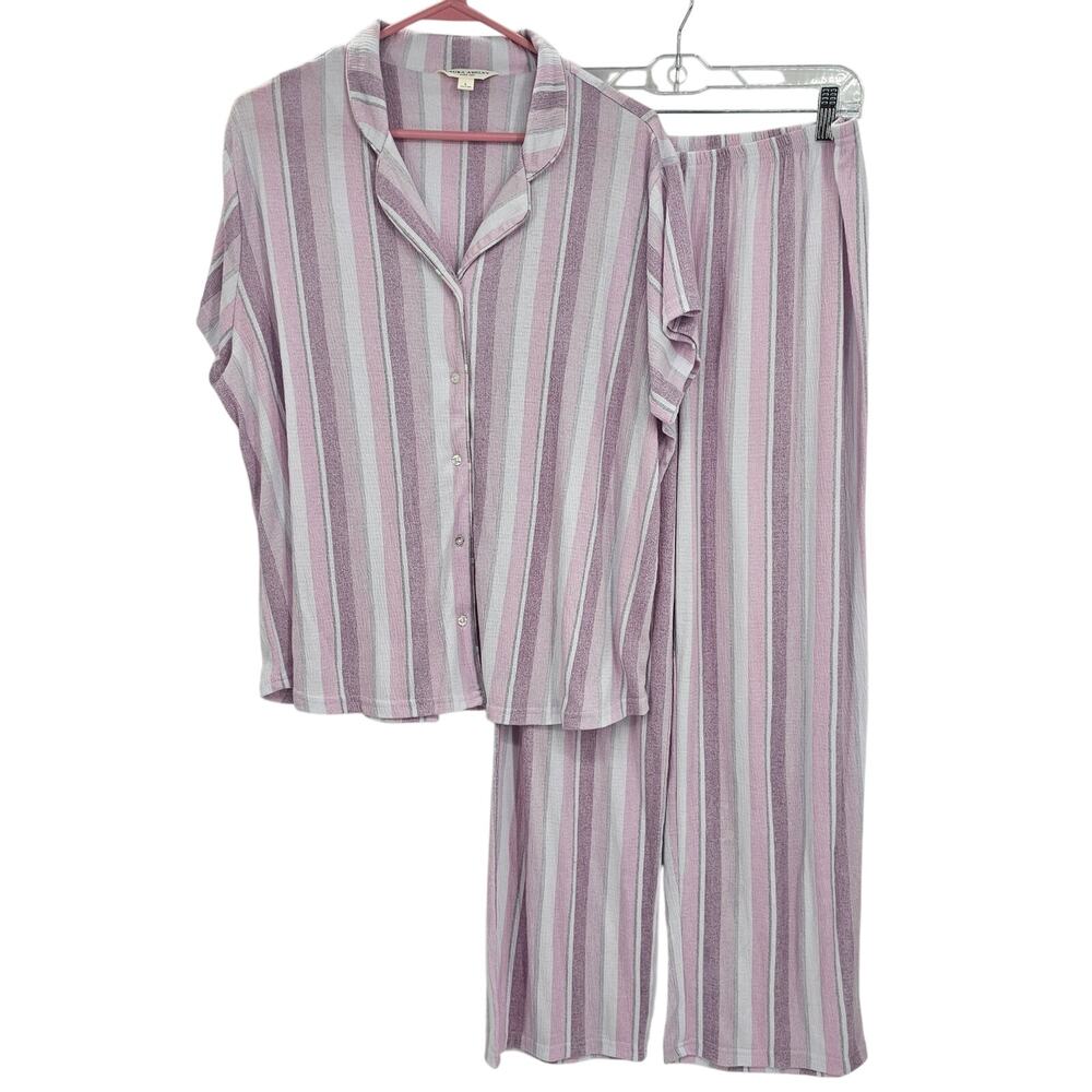 Laura Ashley Womans size L Short Sleeve Striped Pajama Pants Set Purple Pink